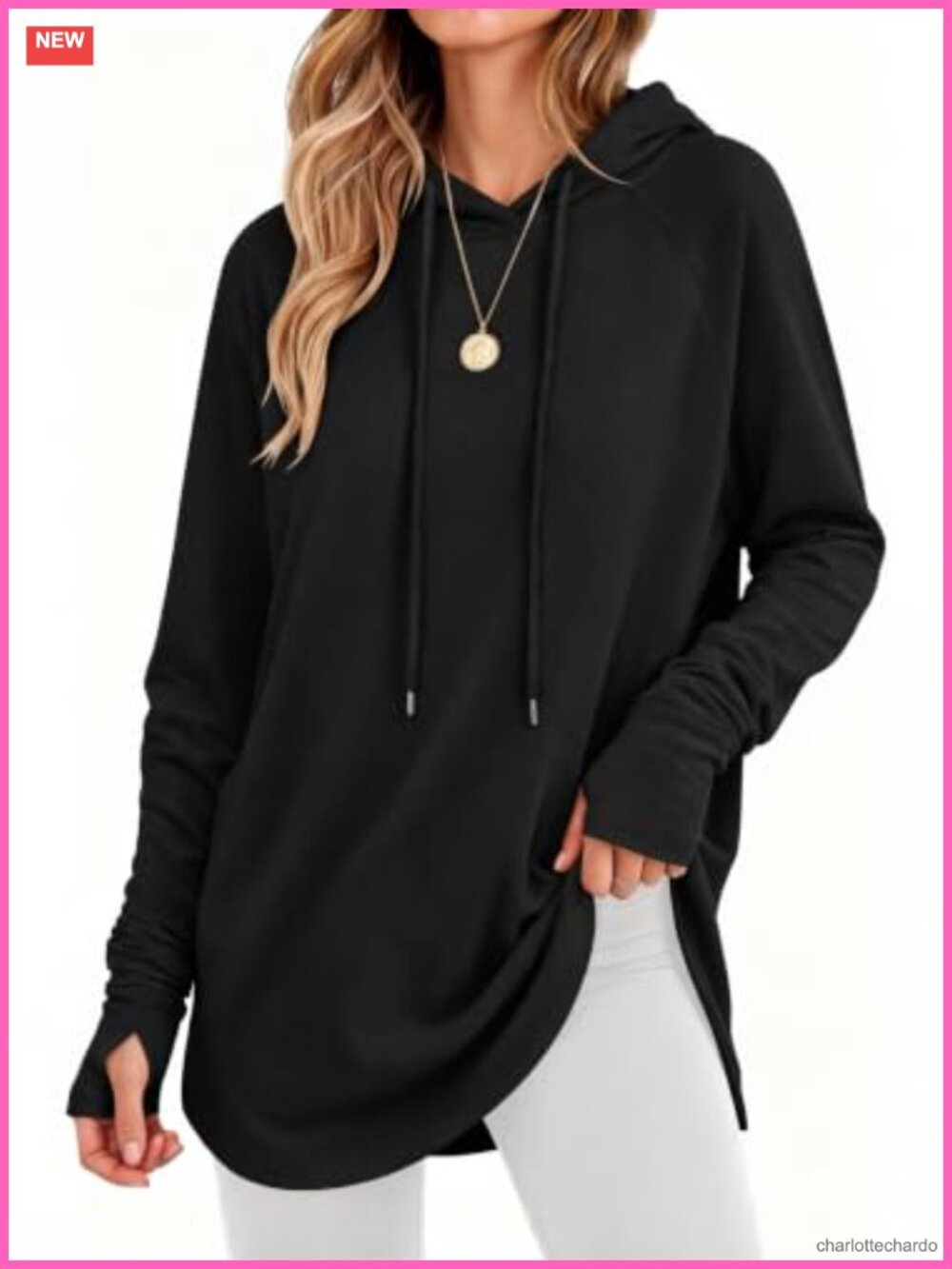 Womens Loose Fit Hoodie Long Sleeve Tunic Top with Thumb Holes Drawstring